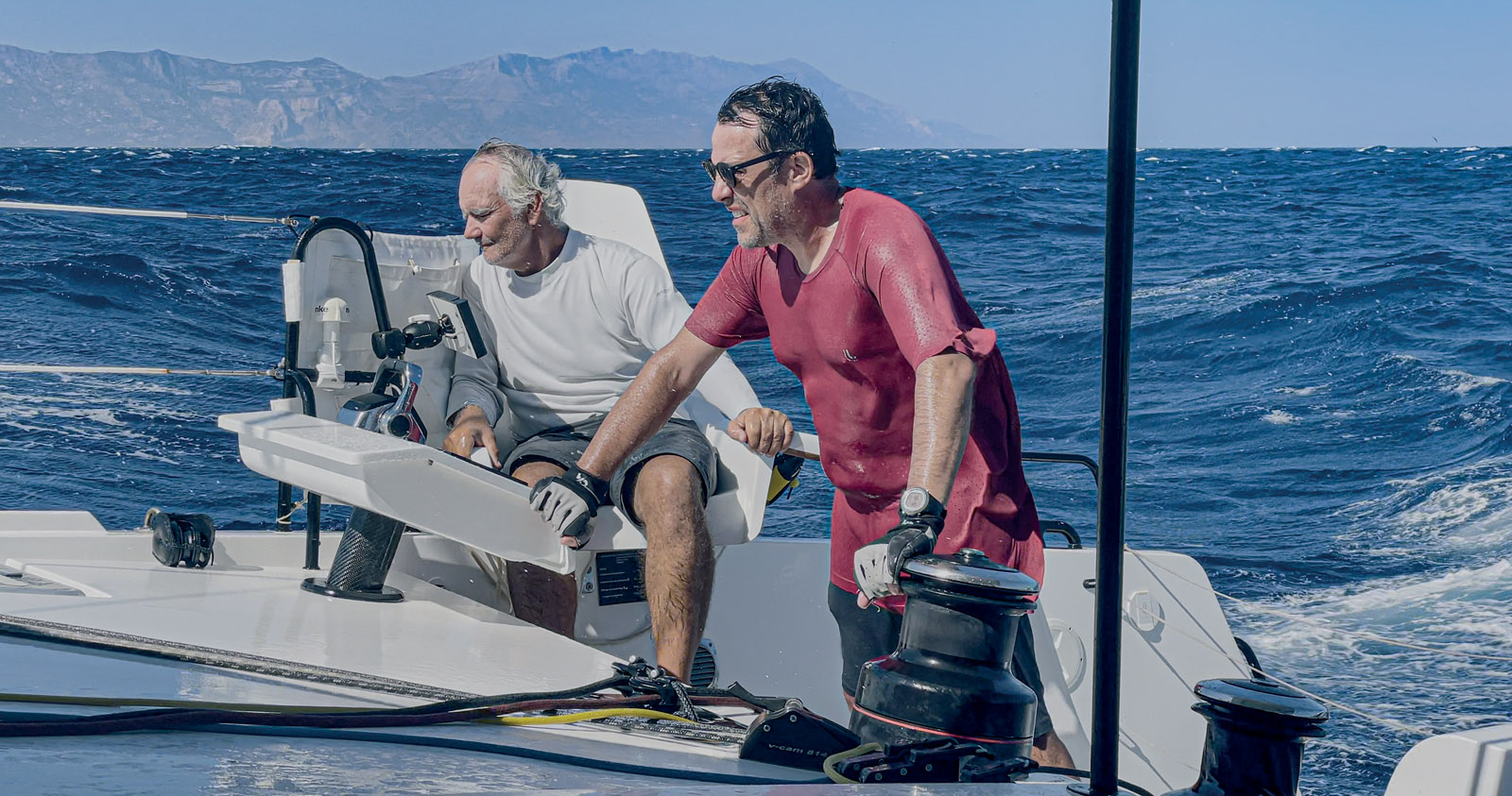Yves and Christian got soaked as the catamaran exceeded 20 knots!