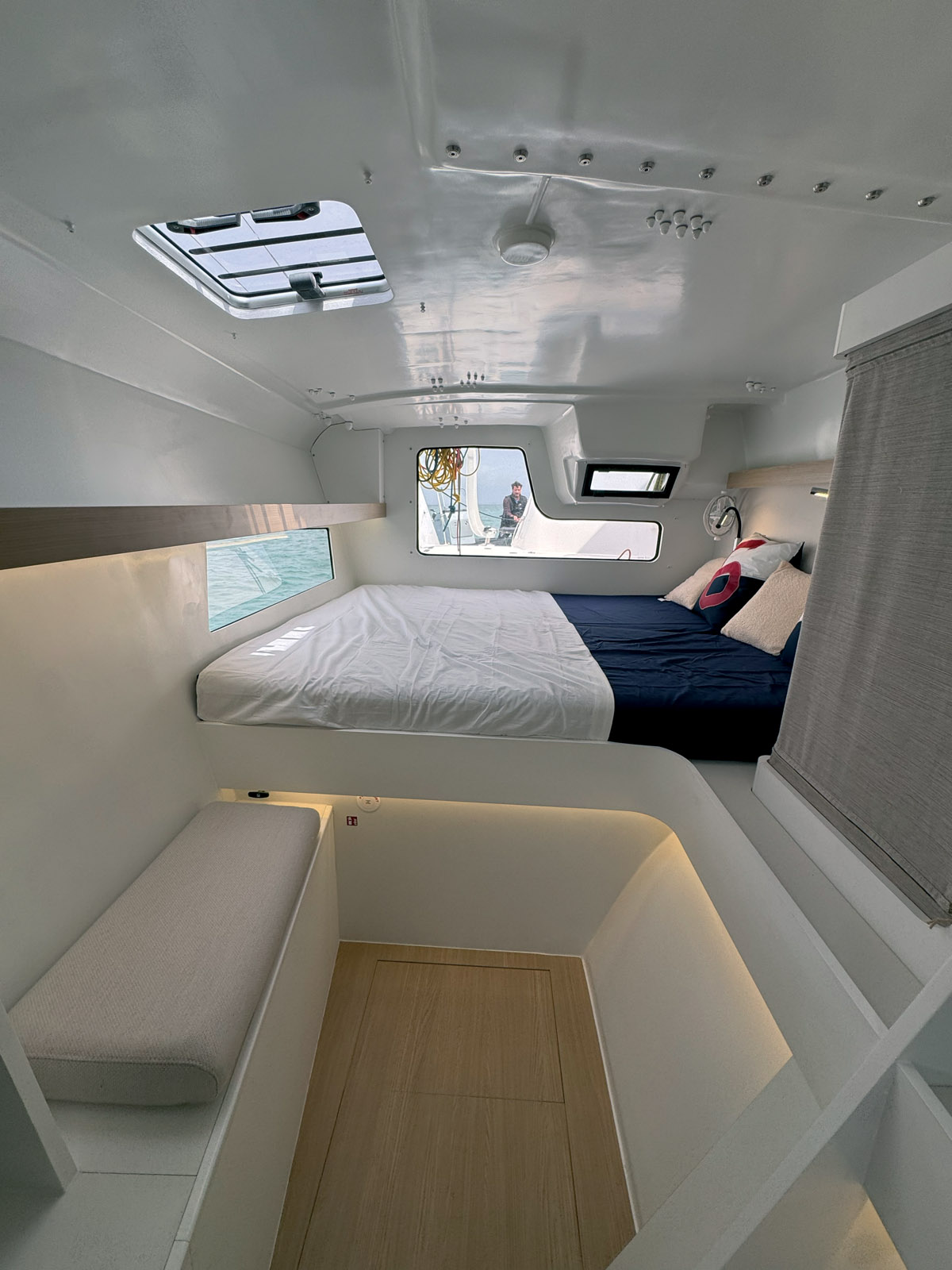 The owner enjoys a veritable suite in the starboard hull.