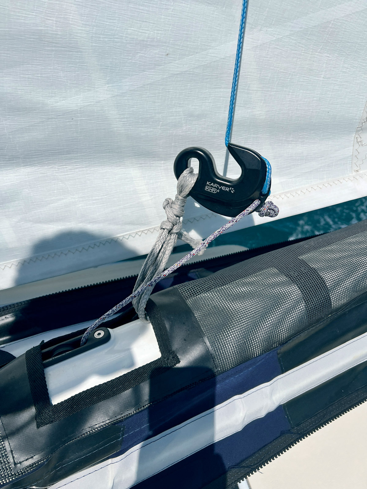 The deck hardware is custom- fitted as you’d see on a racing multihull.