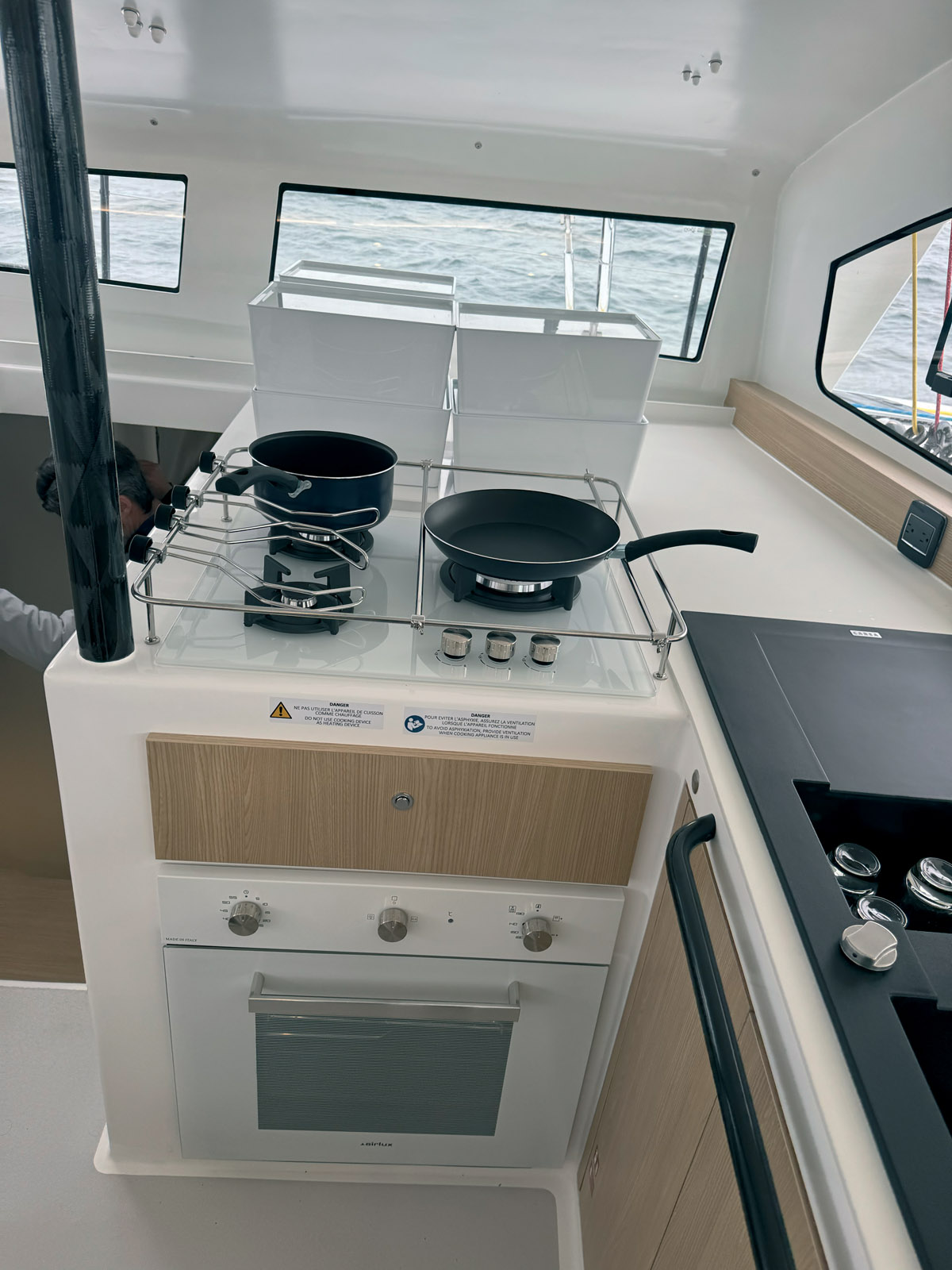 The L-shaped galley is compact but sufficient, even for long-term cruising.