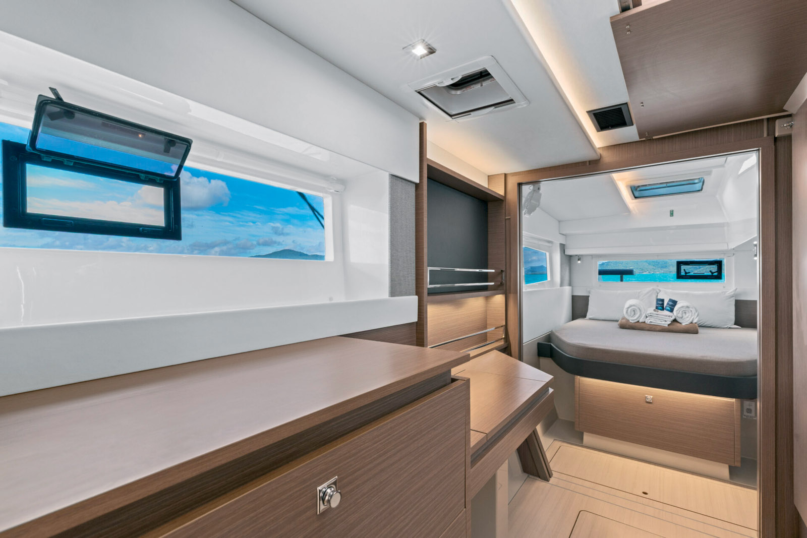 The three-cabin version is the most sought-after, as it offers an owner’s suite that occupies the entire starboard hull.