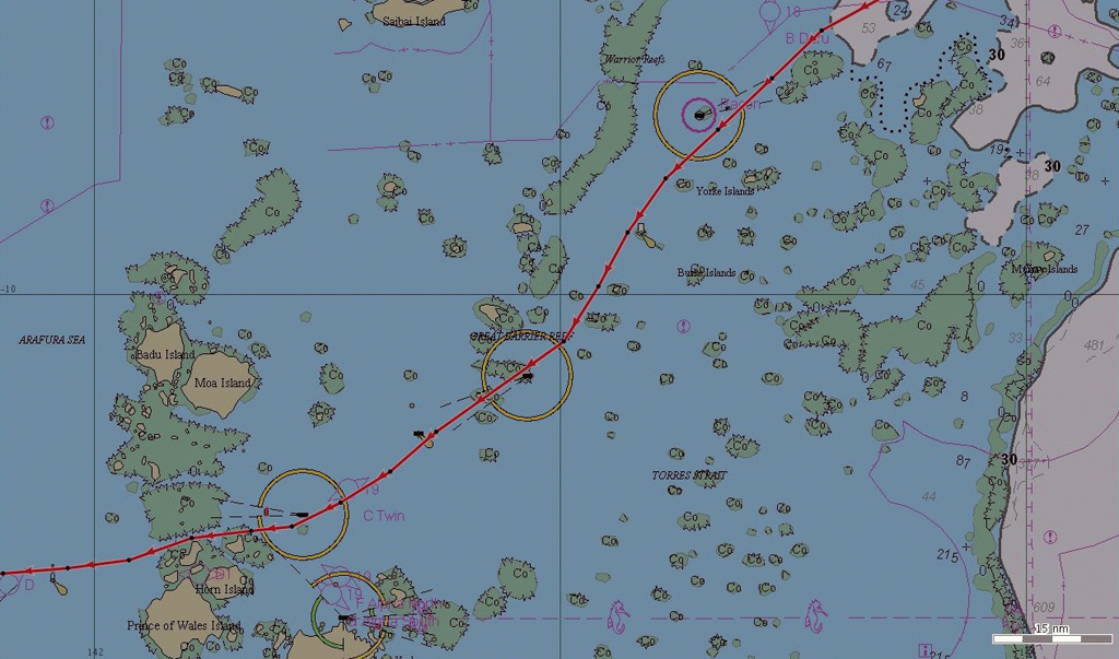 Report de la trajectoire CLS Argos de Jangada lors de son franchissement du détroit de Torrès, de nuit, sur carte Google Map (cartographie décalée).