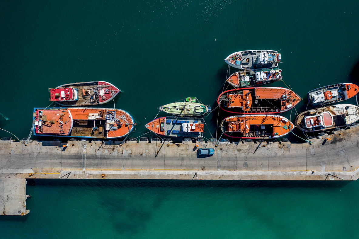 Trawlers in the port of Hout Bay, where both fishermen and boaters gather.