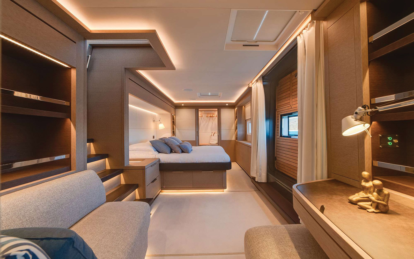 The interior layout of the cabins is modern and luxurious, with the added bonus of a king-size bed in the owner’s cabin.