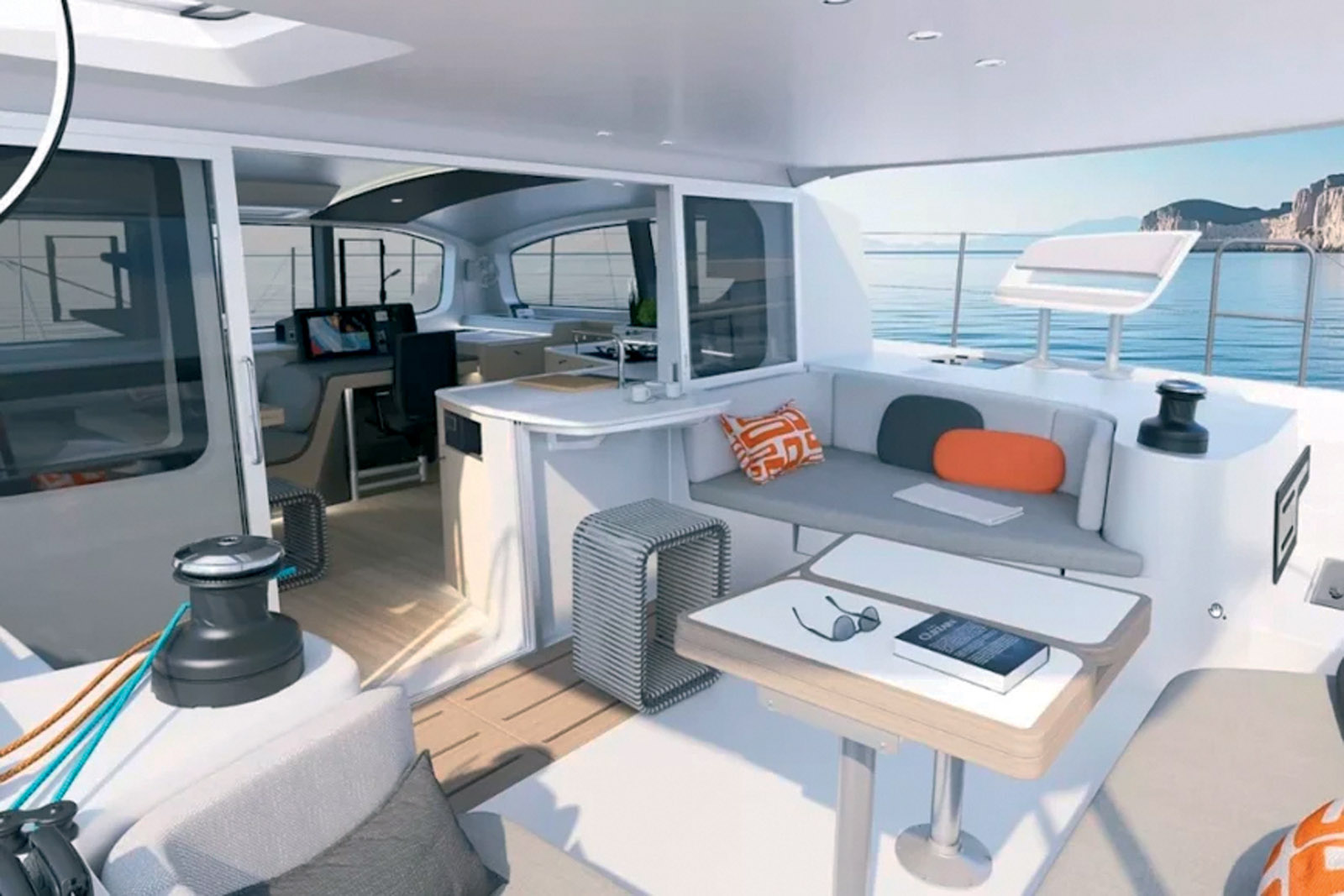 This 3D view highlights the numerous seating areas that transform the cockpit into a true relaxation space. The genoa sheet returns to  the console eliminates the need to cross the cockpit when tacking.
