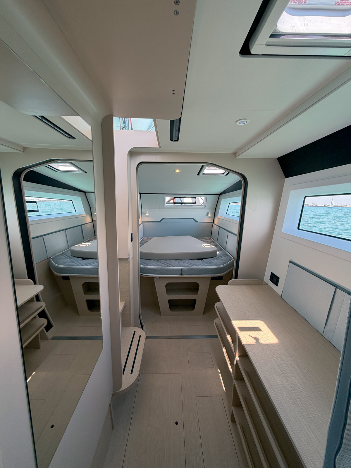 Generous space, ample storage, and a sleek ambiance characterize the owner’s cabin, aft on the port side.