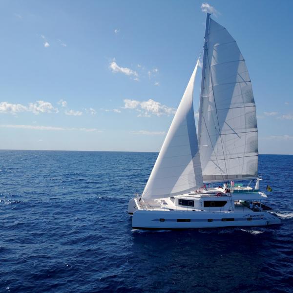 The CK70 is an imposing blue water catamaran built in aluminum.