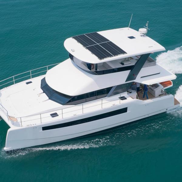 A flybridge cruiser available in a three or four-cabin version, the Cora 48 Catamaran is semi-custom design allowing owners to put their own personality on each vessel.