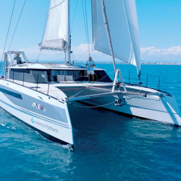 This catamaran sailed halfway around the world to be displayed at the International Multihull Show.