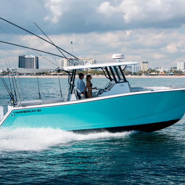 The HammerCat 30 is a sporty fishing catamaran with good seakeeping thanks to its double-stepped hulls.