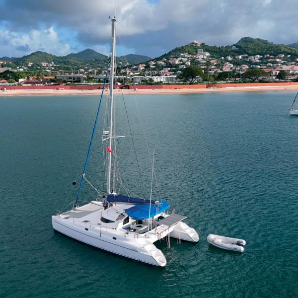 Graham’s Athena 38 #152, seen here at anchor in Saint Lucia, is a 3-cabin version.