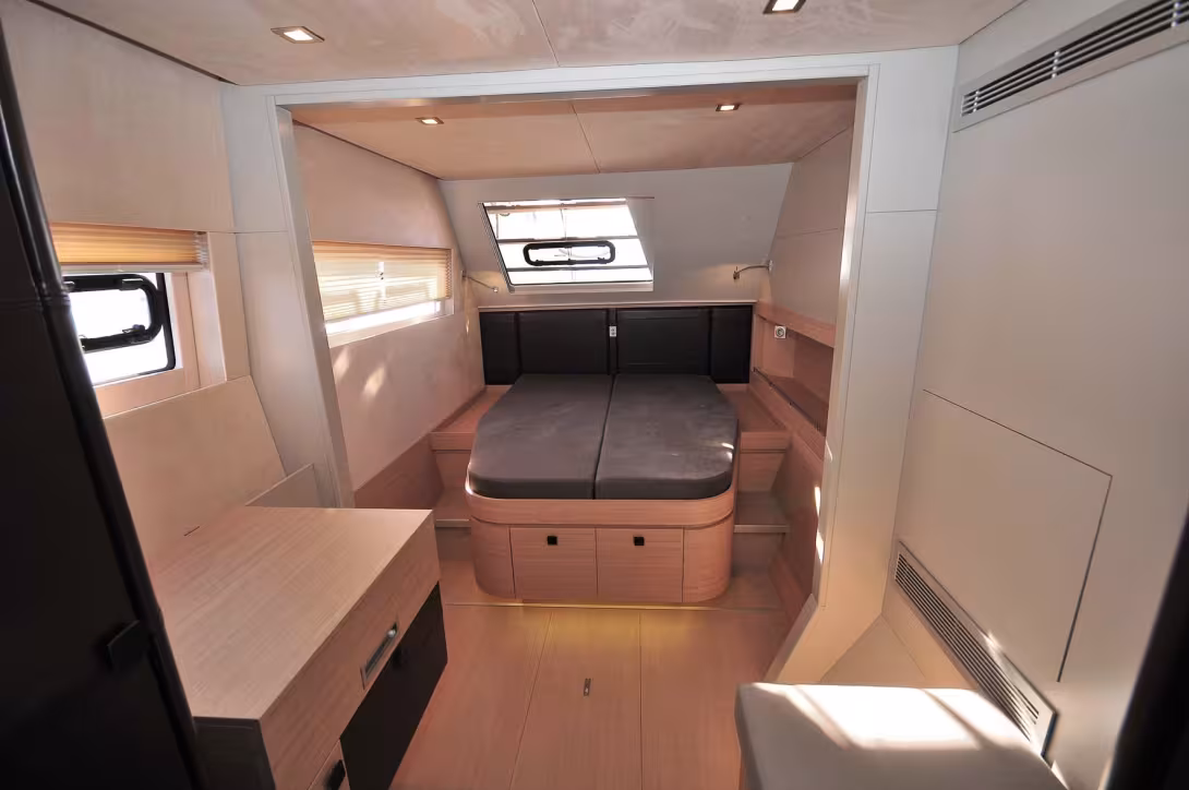 The choice of materials is subtly rational, favoring ease of upkeep and resistance to knocks from life on board