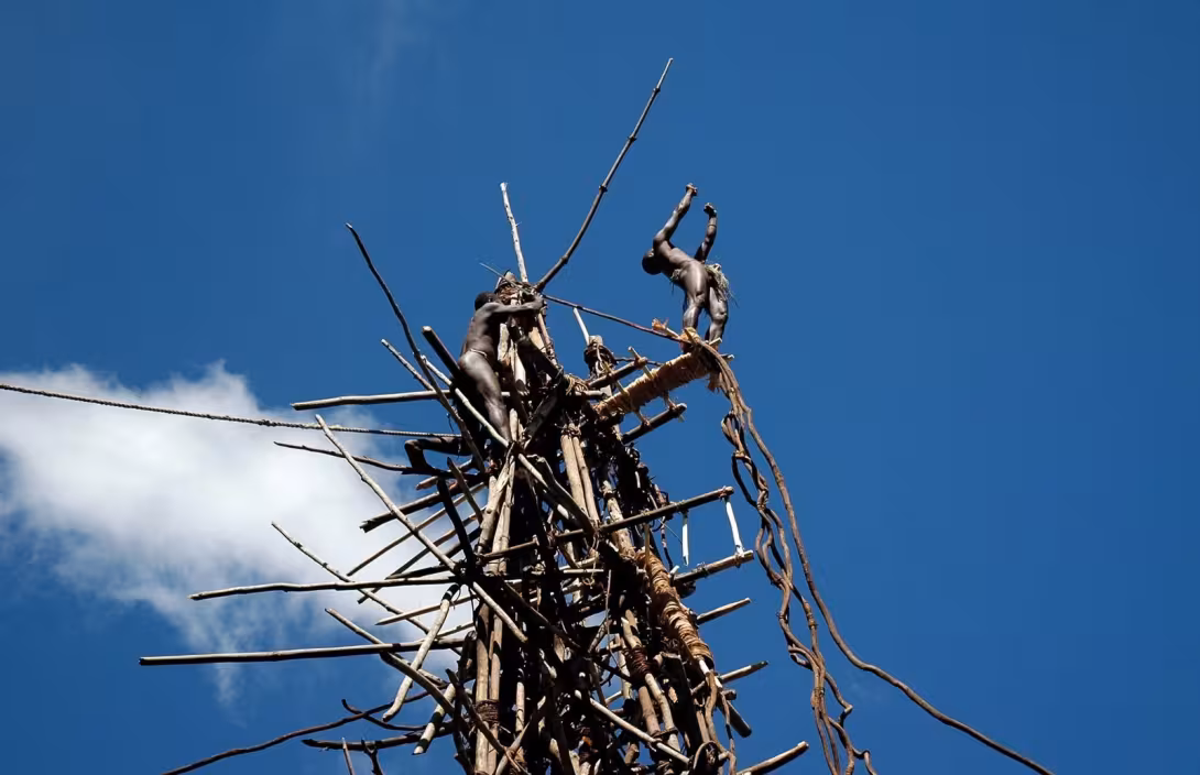Joseph performing the N’gol Land Diving from the tower’s highest platform. 18 or 19 meters, head first… The fall is broken violently just a few centimeters from the ground…  