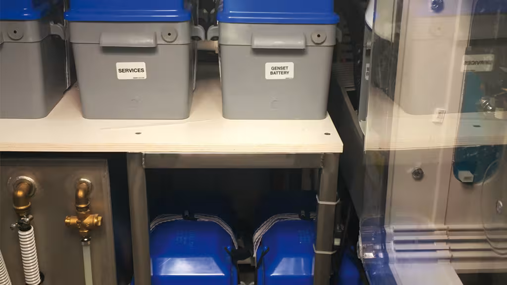 Modern Gel or AGM batteries can be stored in waterproof boxes and allocated to the functions for which they are best suited – Gel for the domestic supply and AGM for starting the engines and the windlass. A charge distributor will manage the recharging 