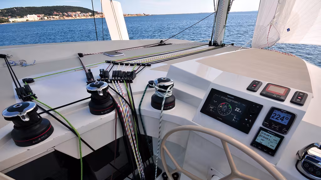 The helm station (mechanical steering linkage) and the sail handling console are real highlights on the 48! 
