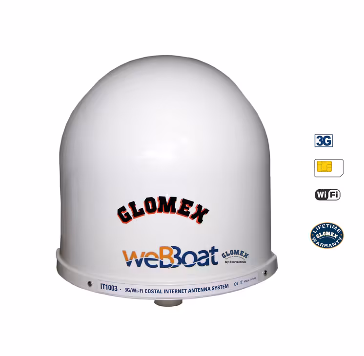The Glomex aerial from Webboat has four aerials inside its housing. Its size, 25 cm in diameter, and its weight, 1.2 kg, allow it to be fixed in the rigging, but height is not of prime importance for good reception.