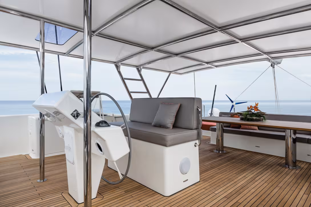 The helm station located on the flybridge allows for handling everything on the entire cat while offering an ideal view of the water. 