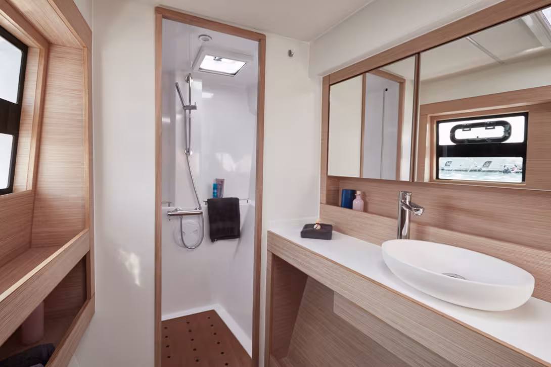 The bathroom of a modern 40 footer!  The restyling and new lighting further enhance the enjoyment of this space which is so important when cruising 