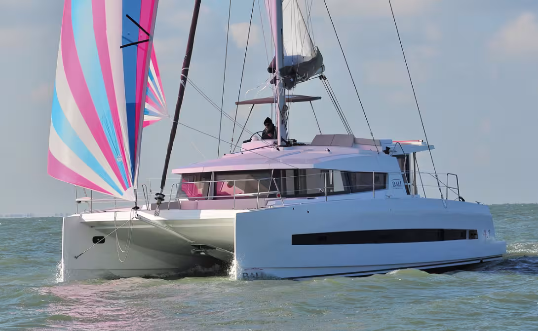 A successful design for a comfortable and fast catamaran. Note the ski-shape forward 