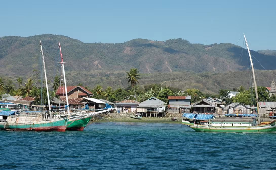 Cargo-carrying sailing boats anchored in front of Lewoleba, a fishing village on the island of Lembata…