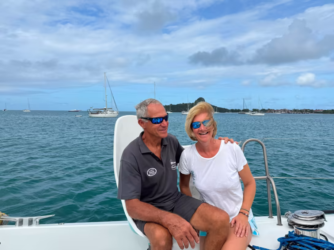 Régis Guillemot and his partner Sylvie Guillaume, winners of the ARC in the Multihull all-classes category.