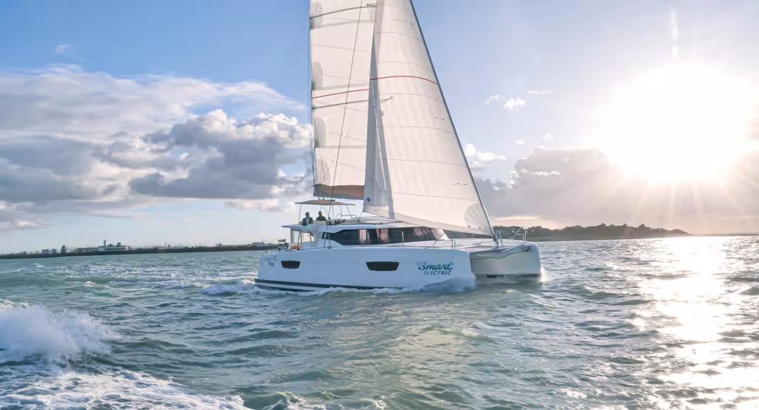 Initial sea trials of the very first Astréa 42 Smart Electric  off La Rochelle.  Under sail, the Astréa 42 can regenerate up to  2 kW per motor.