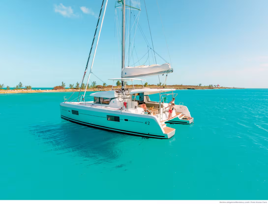 The deck plan of this 42 is very well thought out though we found the top of the bimini to be very slippery.