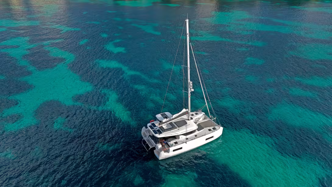 Of course, it’s at anchor that the Lagoon 43 proves an ideal living platform. Note the width of the hulls and the long anchor chain lead channel offset to port.