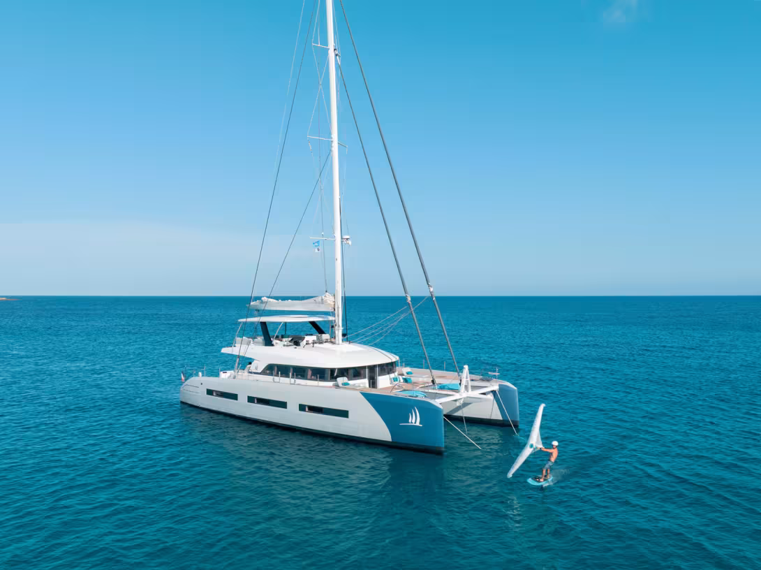 The Lagoon Seventy 7 in Ponant colors. This yacht offers luxurious cabin charter weeks departing from Mahé, Seychelles.
