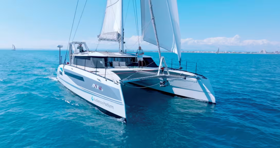 This catamaran sailed halfway around the world to be displayed at the International Multihull Show.