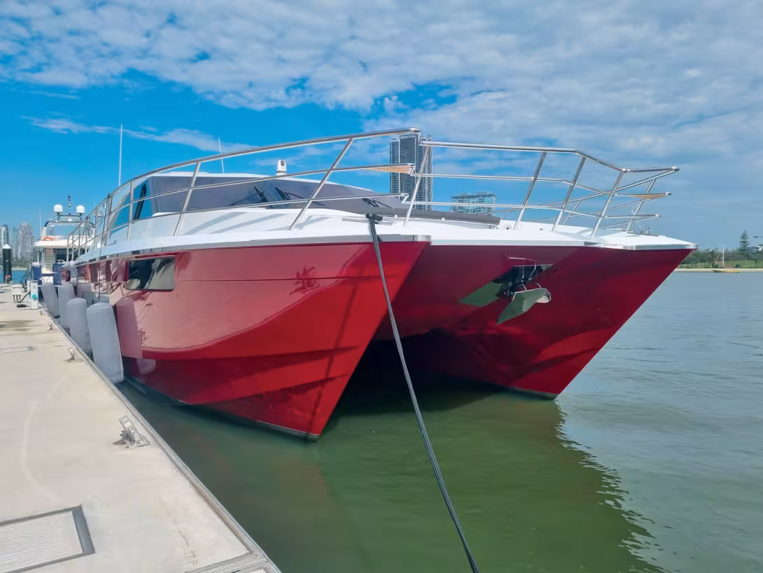 The complex hulls include the company’s proprietary Xpedition Wing hydrofoil  system; and bridge deck clearance is  generous which adds to the lift from  airflow between the hulls at higher speeds.