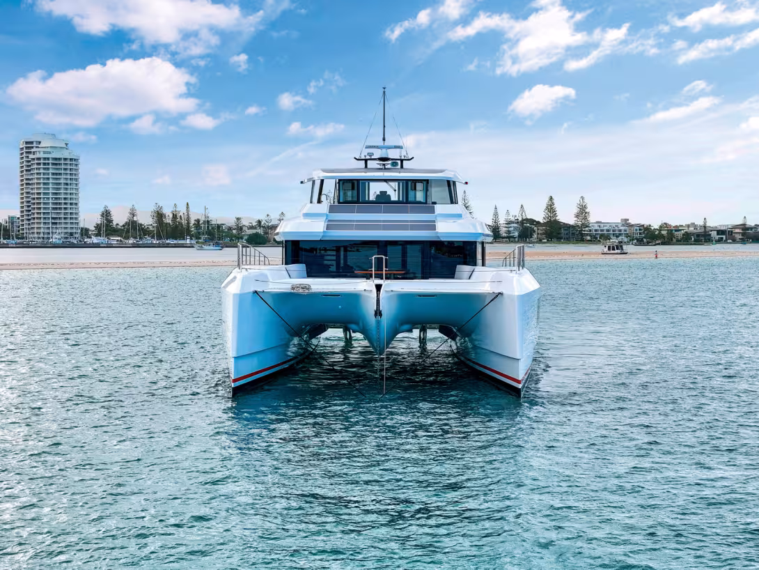Ample bridgedeck clearance is an essential part of good catamaran design, a feature clearly seen here on MC82p. Our sea trial clearly shows the efficient capabilities  of the hulls.