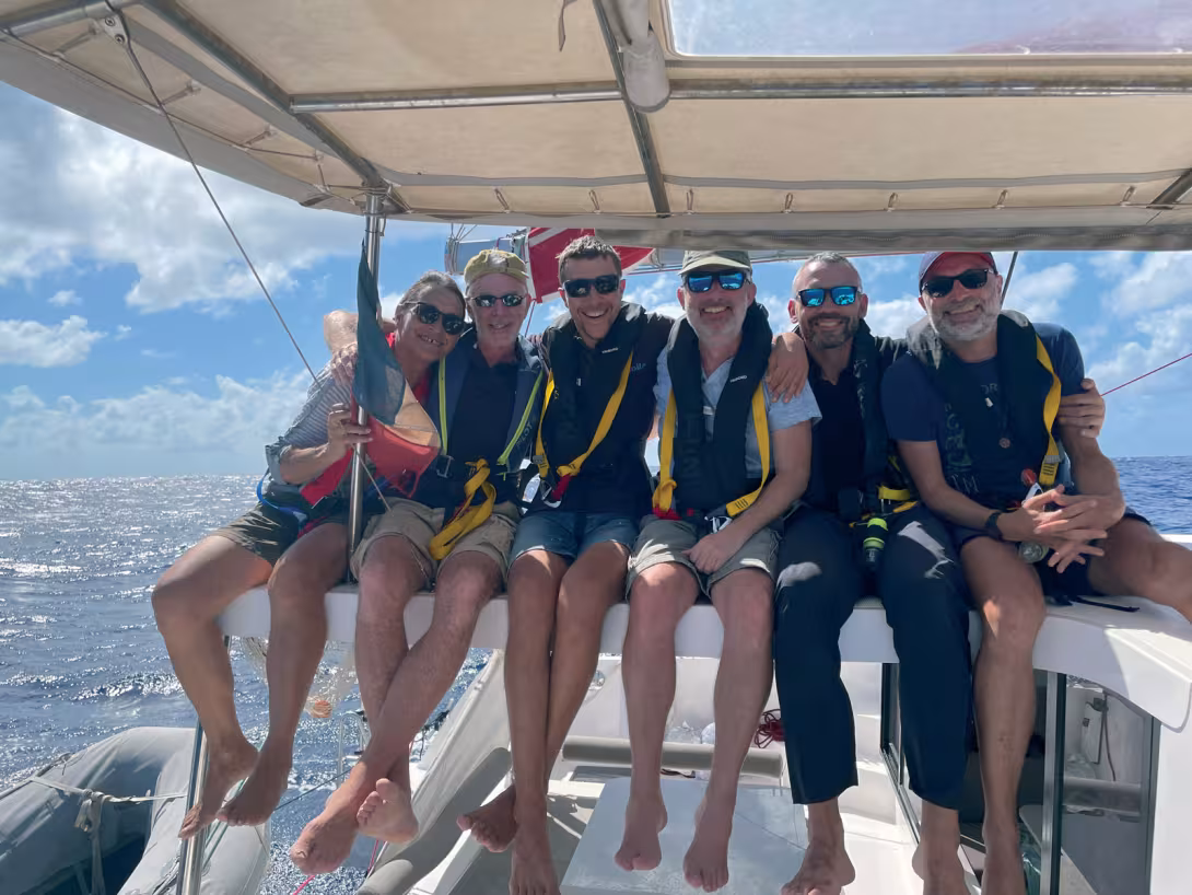 The crew in high spirits during the outward leg of the transatlantic crossing.