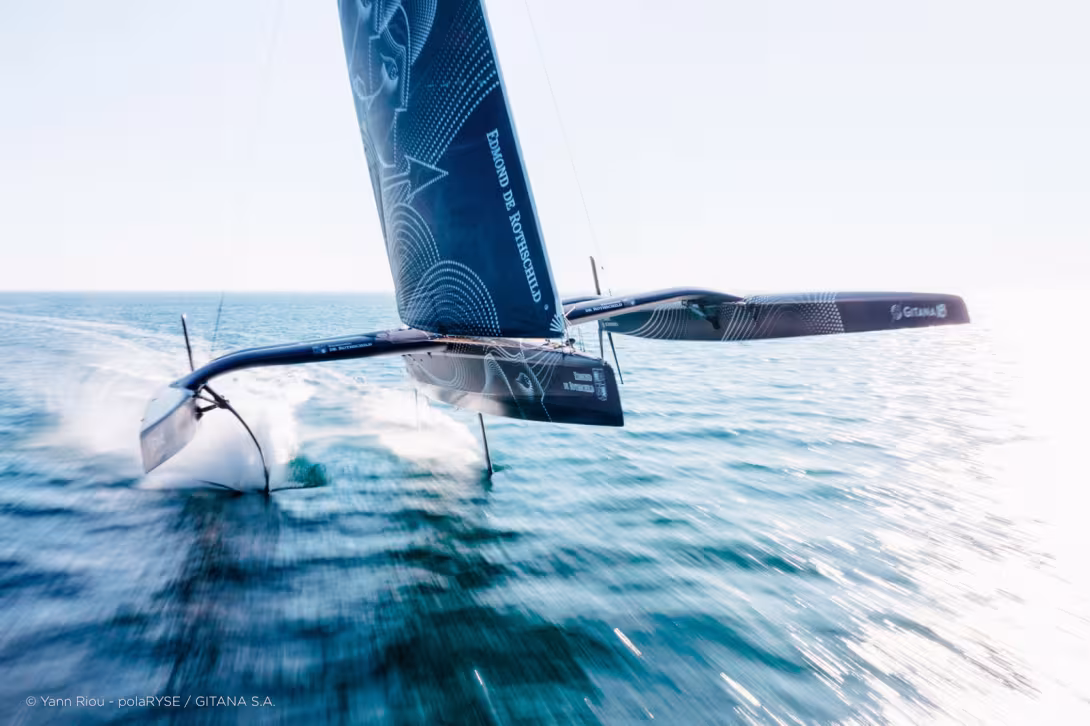 © Y.Riou/© E.Stichelbaut / polaRYSE / GITANA SA. First flight for Gitana 18, although only on a single foil - the port appendage has yet to be installed.