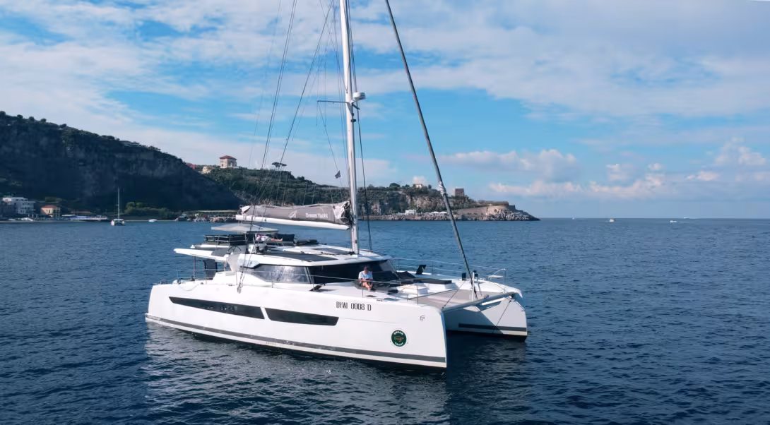 The FP51 was the first hybrid catamaran operated by Dream Yacht. This example is entering its fourth charter season.