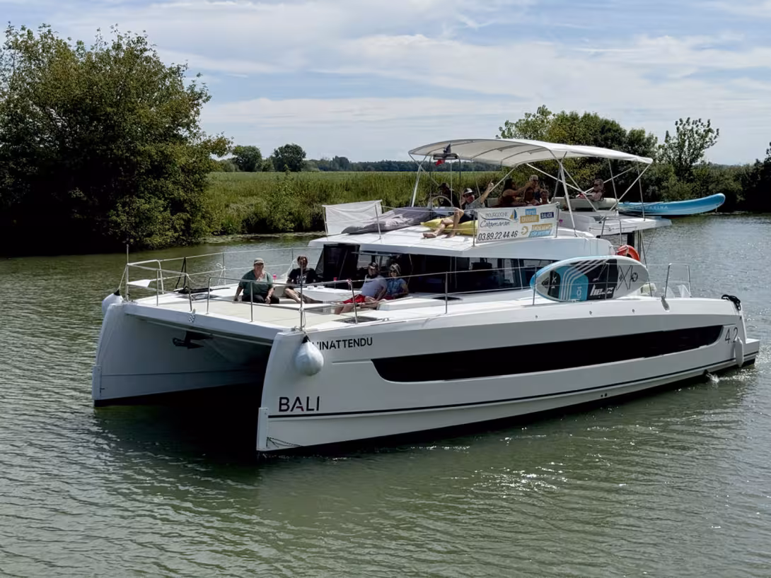 With its mast removed, a sailing catamaran can be an excellent platform for inland waterway cruising.